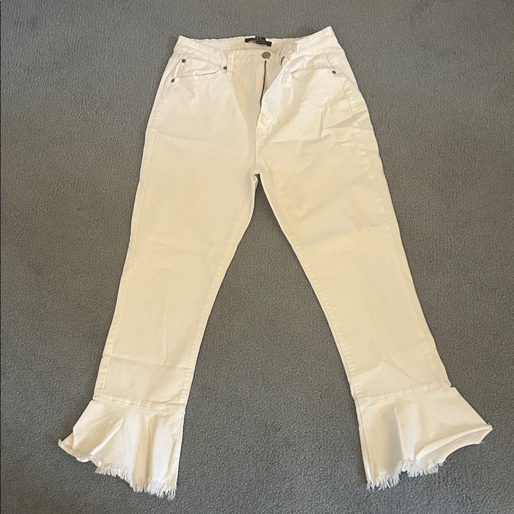 Forever 21 White Flared Ruffle Hem Jeans